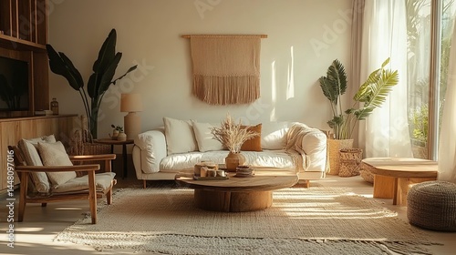 A cozy living room with a white sofa, wooden furniture, potted plants, and natural light.