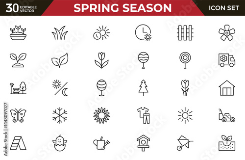Spring season Equipment Icon set. Thin line icons set. Flatiron collection set. Outline planting flowers and seeds, watering can and fertilizers. Spring, agriculture and gardening concept.