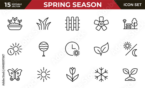 Spring season Equipment Icon set. Thin line icons set. Flatiron collection set. Outline planting flowers and seeds, watering can and fertilizers. Spring, agriculture and gardening concept.