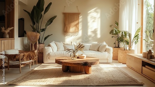 A cozy living room with a white sofa, wooden furniture, potted plants, and natural light.