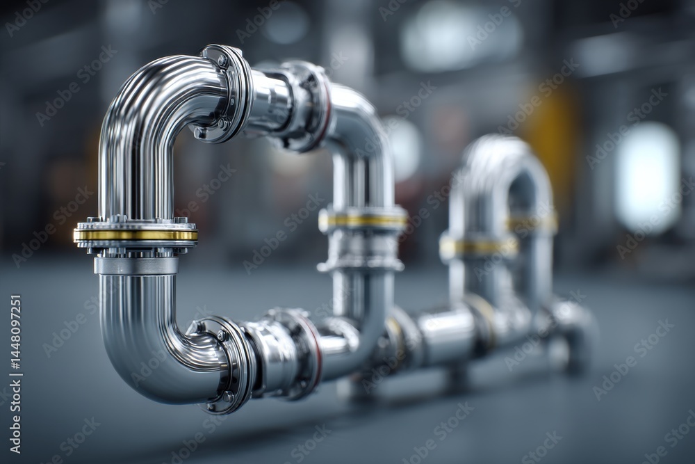 A shiny, industrial-style metal pipeline system with intricate joints and connections, showcasing a clean, modern design aesthetic on a muted, neutral-toned background. A shiny, industrial-style metal pipeline system with intricate joints and connections, showcasing a clean, modern design aesthetic on a muted, neutral-toned background.