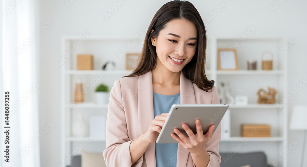 Smiling Woman Using Tablet: A Serene, Modern Portrait Smiling Woman Using Tablet: A Serene, Modern Portrait