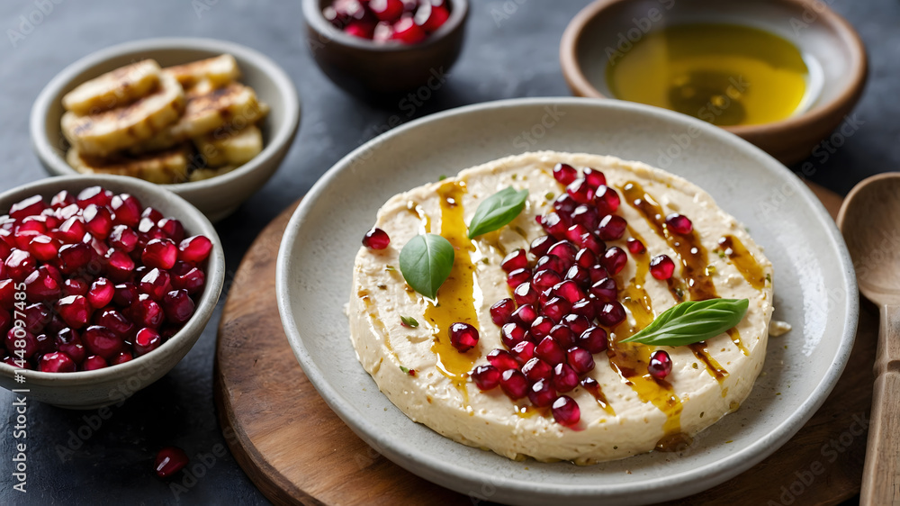 Mediterranean mezze spread hummus swirl, grilled halloumi, pomegranate seeds, olive oil drizzle, look delicious Mediterranean mezze spread hummus swirl, grilled halloumi, pomegranate seeds, olive oil drizzle, look delicious