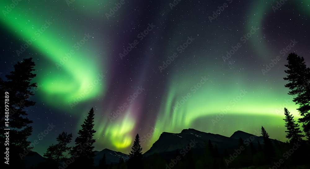 Observing Aurora Borealis Over Mountain Landscape at Night Observing Aurora Borealis Over Mountain Landscape at Night