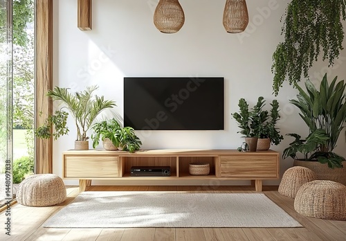 A living room with a flat-screen TV, wooden stand, green plants, woven basket, wicker chairs, and sunlight.