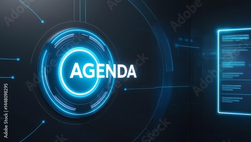 Modern digital interface displaying a futuristic agenda or schedule with glowing blue holographic elements and user data on a dark background for technology concept