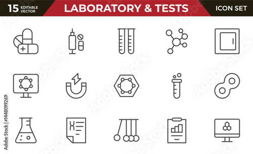 Laboratory and Tests outline Icon Set. A precise collection of icons for scientific testing and research, perfect for enhancing educational materials, lab websites, and health applications.