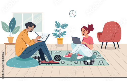 Man and Woman sitting on floor using tablet and laptop