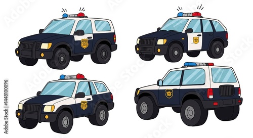 Four Views of a Police Suv Cartoon Illustration