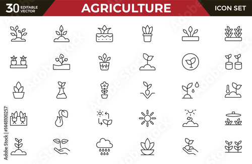 Agriculture and farming line icon set. Vector plant sprouts and seedlings, root vegetables and seeds in seedbeds, greenhouses, and farm fields isolated signs with water, sun, and fertilizer
