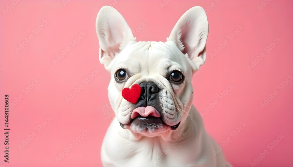white french bulldog with red heart on muzzle and black nose on pink background white french bulldog with red heart on muzzle and black nose on pink background