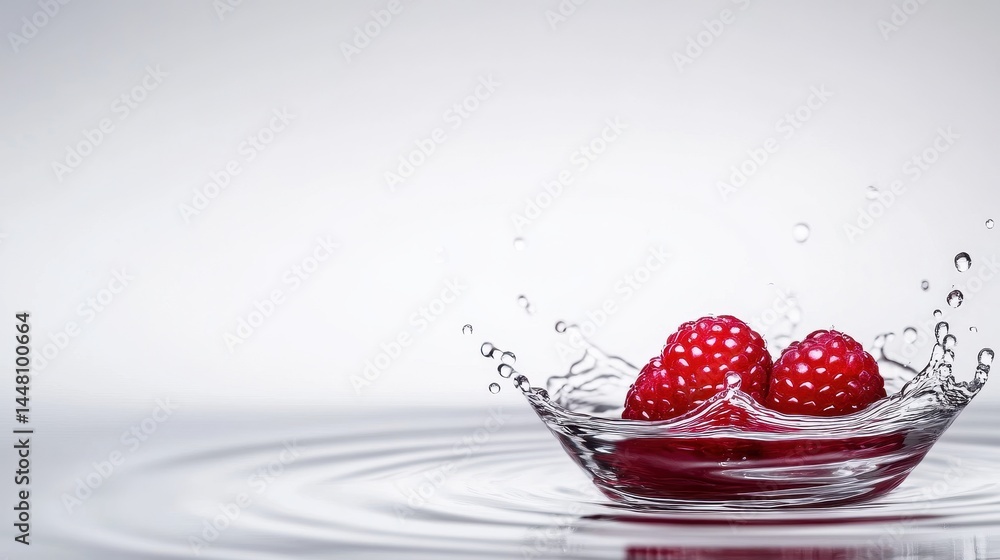 Fresh raspberries splashing into water, creating ripples in a serene background setting
