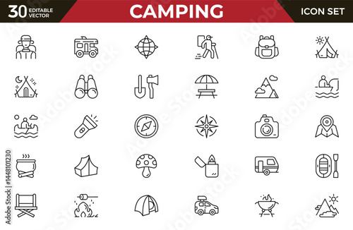 Camping outline icon set. hike, tourism, camp and travel - series. Set of line icons in linear style. Outline icon collection. Conceptual web pictogram.
