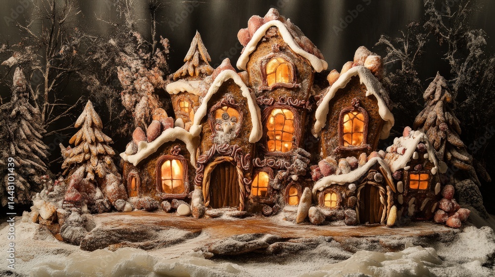 Obraz premium Fairytale-inspired gingerbread house with sugar crystal windows, licorice walls, and marshmallow accents