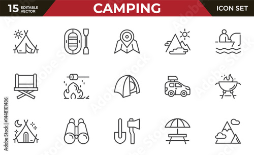 Camping outline icon set. hike, tourism, camp and travel - series. Set of line icons in linear style. Outline icon collection. Conceptual web pictogram.