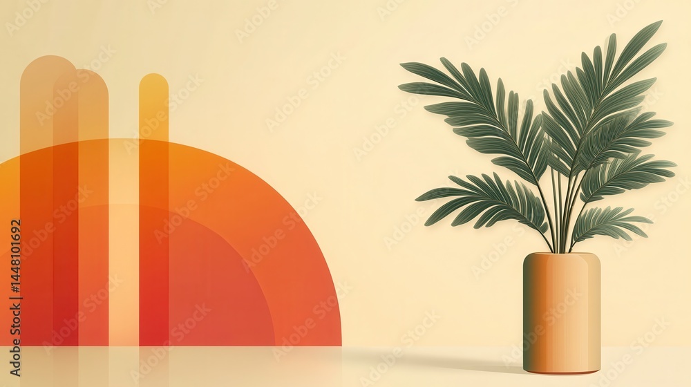 Modern interior scene featuring a decorative plant in a vase against a colorful backdrop
