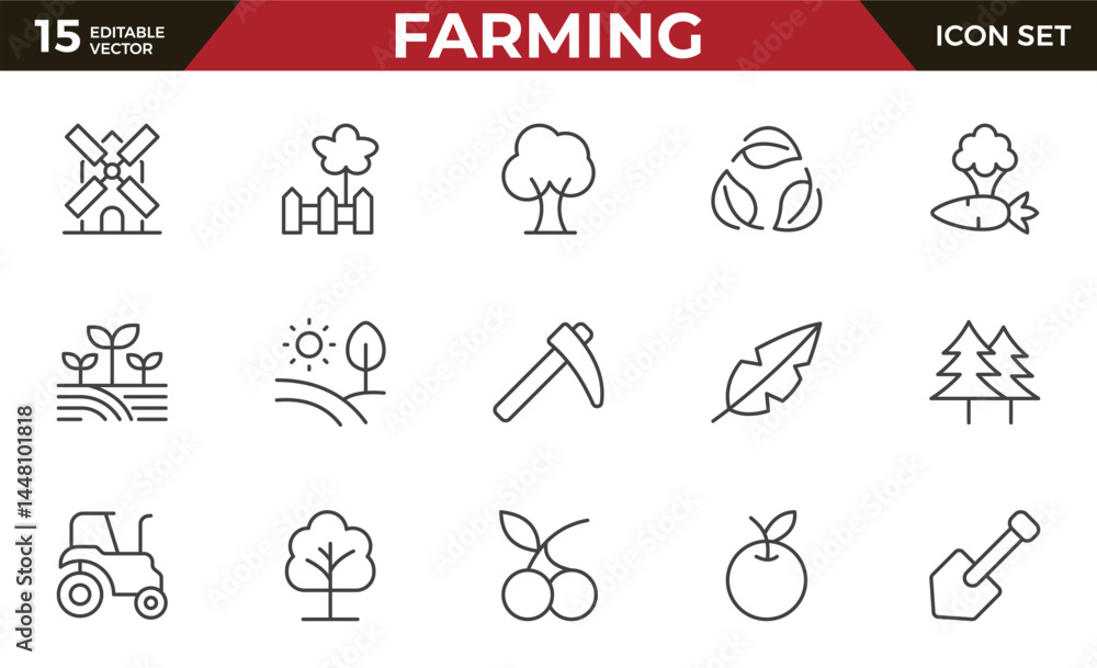 Farming outline icon set. agriculture, ecology, plantation, recyclable, clean, science, agronomy, stroke. Vector illustration Outline icon collection Farming outline icon set. agriculture, ecology, plantation, recyclable, clean, science, agronomy, stroke. Vector illustration Outline icon collection