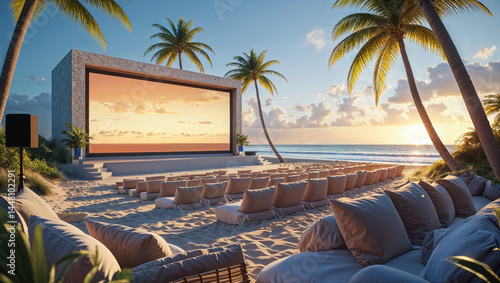 Luxurious outdoor cinema experience set on a sandy beach during a beautiful sunset