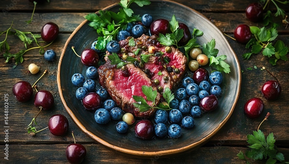 Rare-cooked steak with berries, herbs, cherries, and blueberries on a wooden platter. Rare-cooked steak with berries, herbs, cherries, and blueberries on a wooden platter.