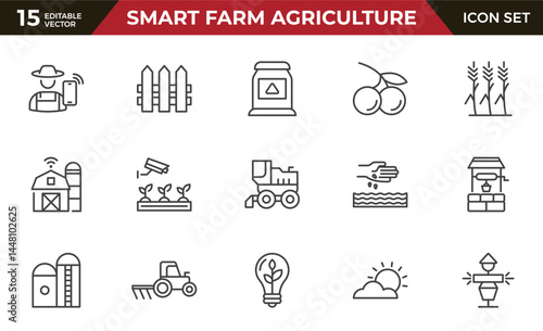 Smart farm agriculture line icon set. Farming, gardening, agriculture, digital, ideas, food, animals, seeding, plants, and harvesting icon collection. outline icon set