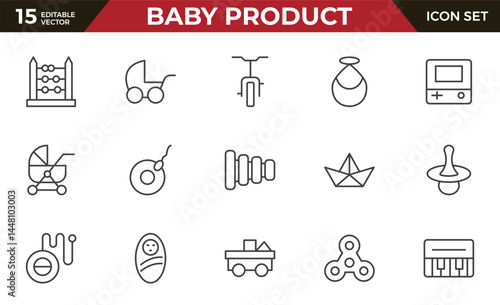 Baby Product and Game outline Icon Set. A charming collection of icons designed for parents and caregivers, perfect for websites, apps, and marketing materials focused on baby products 