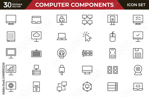 Computer components line icon set. Containing online, computer, network, website, server, web design, hardware, software and programming.