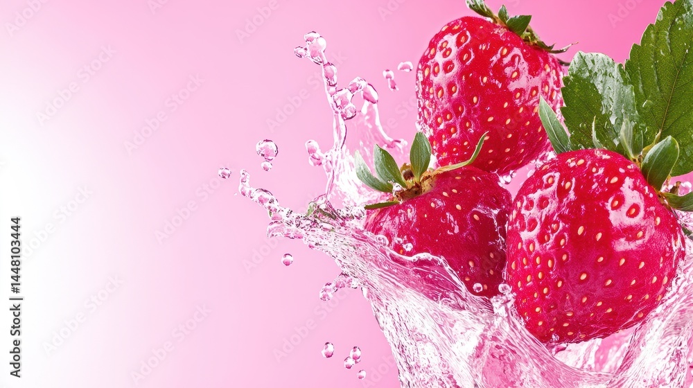Fresh strawberries splashing in water against a pink background, creating a vibrant and refreshing scene