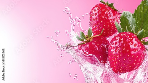 Obraz na płótnie Fresh strawberries splashing in water against a pink background, creating a vibrant and refreshing scene w salonie