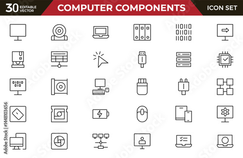 Computer components line icon set. Containing online, computer, network, website, server, web design, hardware, software and programming.