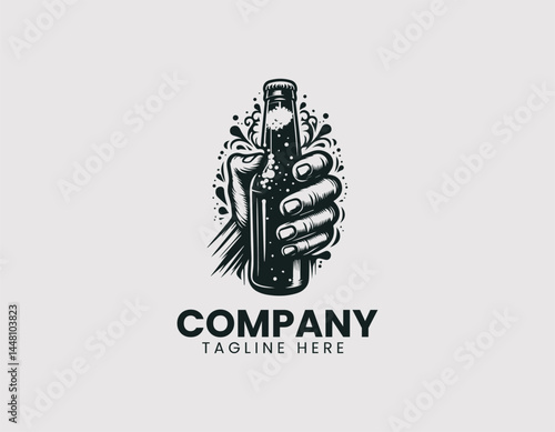 Detailed Hand Holding Cold Dark Beer Overflowing Foam Vector Logo Design
