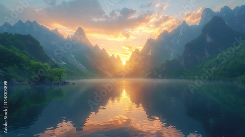 Fototapeta Naklejka Na Ścianę i Meble -  Golden hour over alpine mountain lake mirror reflection of jagged peaks orange sky lush greenery on rocky banks serene and cinematic