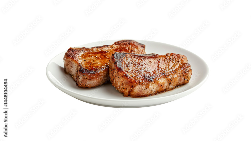 Two Juicy Pan-Seared Pork Chops on a White Plate Two Juicy Pan-Seared Pork Chops on a White Plate