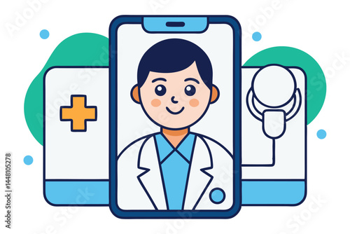 Telehealth Mobile Consultation Vector – Flat Design with Medical Icons on White background