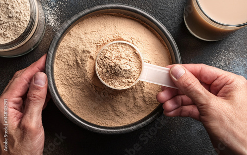 mano extrae proteina en polvo con una cuchara, vista superior, nutricion y suplemento deportivo