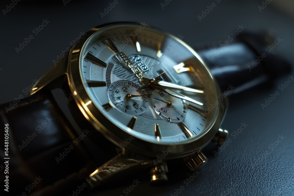 A close up studio shot of a sophisticated gold wristwatch with leather strap, reflecting light and highlighting its elegant design and craftsmanship, on a dark background. A close up studio shot of a sophisticated gold wristwatch with leather strap, reflecting light and highlighting its elegant design and craftsmanship, on a dark background.