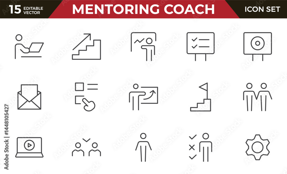 Naklejka premium Mentoring and Coaching Icon set. Vector-Based Icons for Mentorship, Leadership, Learning, Support, and Growth