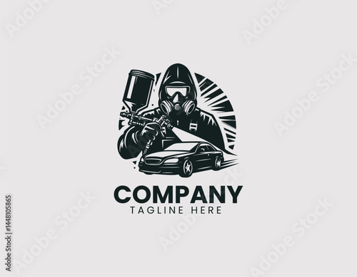 Focused Car Painter Protective Suit Spraying Paint Vector Logo Design