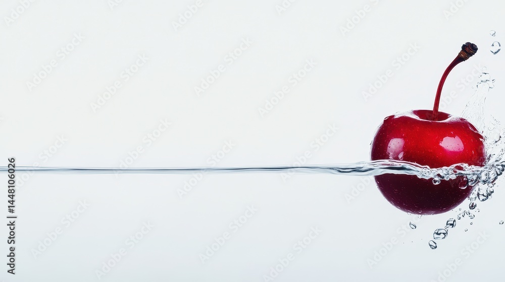 A vibrant red cherry splashing into clear water, creating dynamic ripples and bubbles