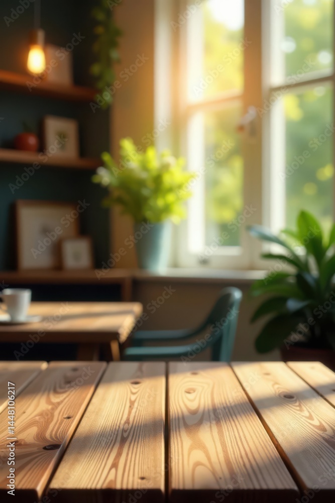 Clean empty wooden table, soft bokeh background , top, presentation Clean empty wooden table, soft bokeh background , top, presentation