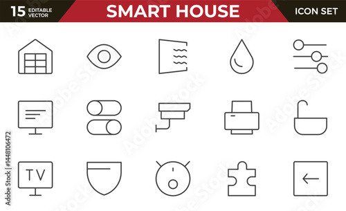 Smart house Line icon set. Sustainable development. Contains such icons as renewable energy, autonomous building, air and water quality.