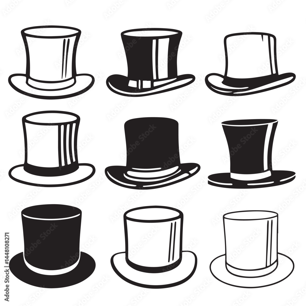 different style black vector of top hat silhouette different style black vector of top hat silhouette