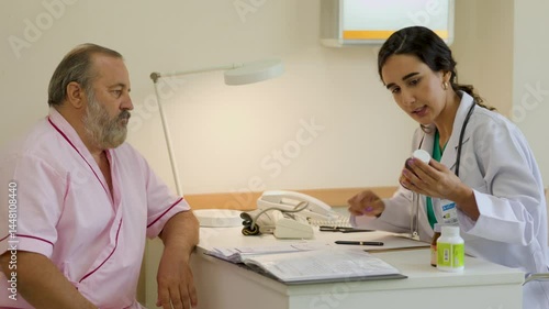 advice, consult : Hispanic female nutritionist doctor giving advice, consult to fat man stroke patient, Preventive Medicine Health Check-up in Progress