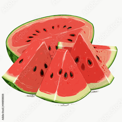 Vector illustration of a ripe watermelon sliced into neat wedges, with bright red flesh and seeds.