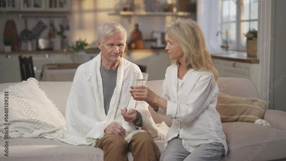 Curing influenza or heart attack by pills, old man taking tablet, feel bad. Portrait of elderly woman and her husband in home interior, modern medicine and healthcare, disease, illness of aged people Curing influenza or heart attack by pills, old man taking tablet, feel bad. Portrait of elderly woman and her husband in home interior, modern medicine and healthcare, disease, illness of aged people