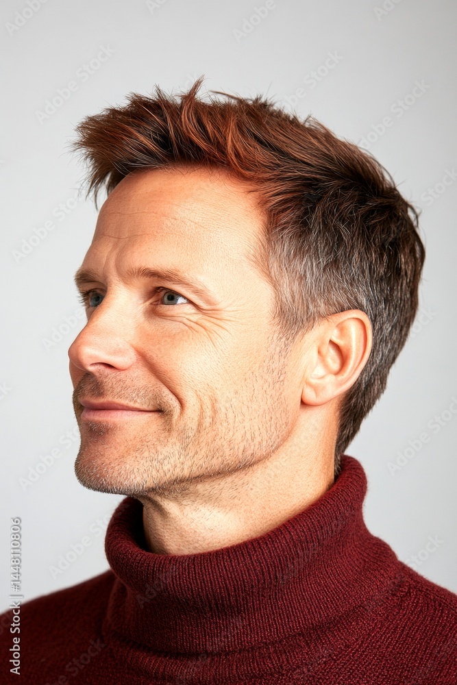 Graphic visual design of style for aging men. Fashionable men's textured crop haircut - midlife white man with red hair. Pure white solid background. A relaxed and poised man showing grace.
