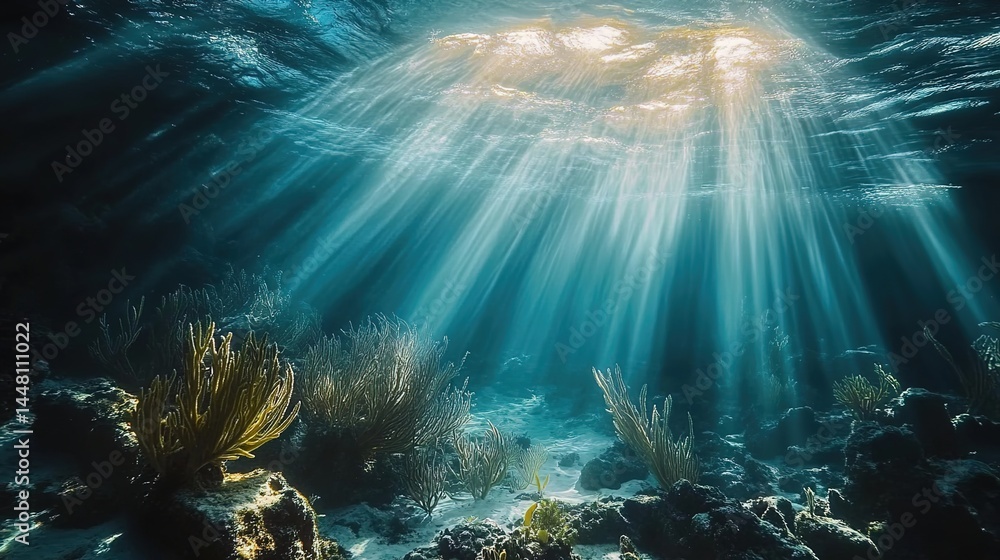 Underwater coral reef illuminated by sunlight beams through water surface. Underwater coral reef illuminated by sunlight beams through water surface.