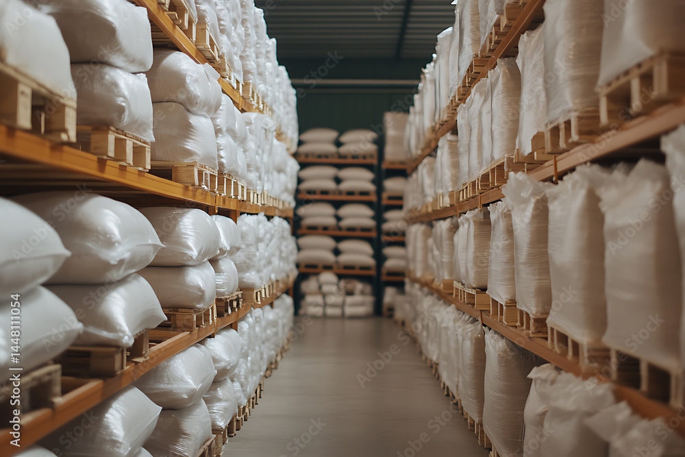 Warehouse storage: rows of white bags on wooden pallets. Efficient inventory management in a distribution center. Warehouse storage: rows of white bags on wooden pallets. Efficient inventory management in a distribution center.
