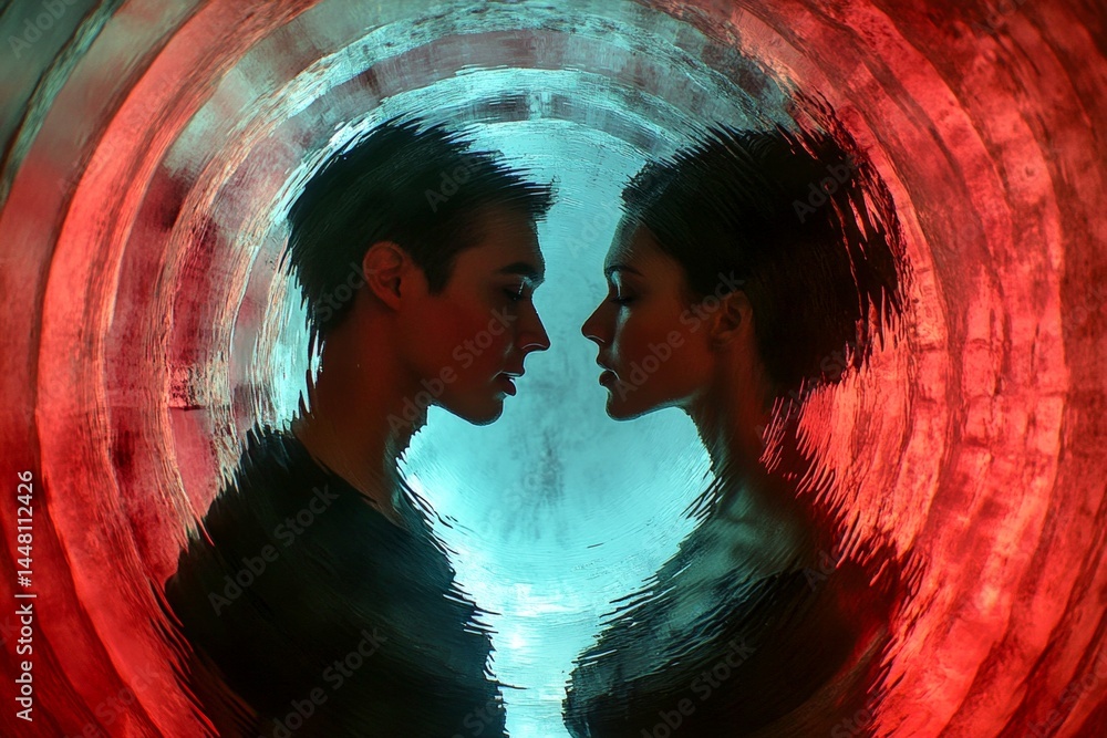 Commercial promotion visual idea. Sign of love and affection. Valentine's day, soulmatescouple: stunning noticeable image of loving interracial adult lovers. Couple close-up. Stunning romance.