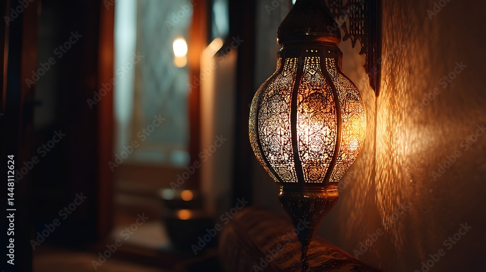 Ornate Moroccan Lamp Casting Warm Light and Shadows Ornate Moroccan Lamp Casting Warm Light and Shadows