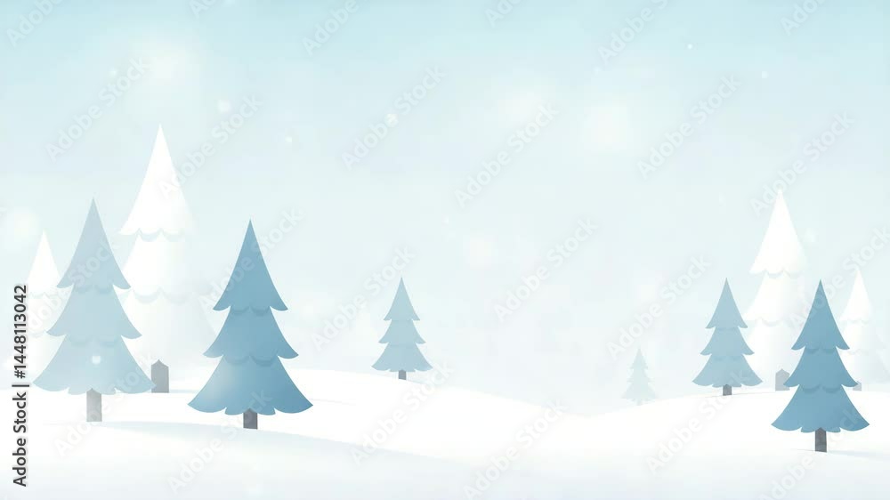 Flat design pine trees with drifting snowflakes in soft blue and white tones, winter landscape animation Flat design pine trees with drifting snowflakes in soft blue and white tones, winter landscape animation